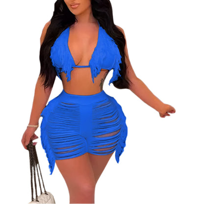 Women Fringe Tassel Bikini Shorts Set Hollow Out Jamaican Crochet Swimwear Summer Beach Knitted Cover Up Swimsuit