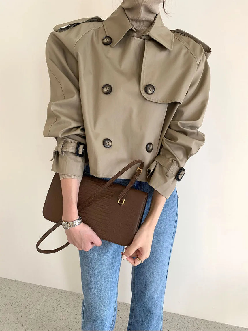 Vintage Double Breasted Crop Jacket Trench Jackets Women Loose Chic Windbreaker