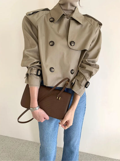 Vintage Double Breasted Crop Jacket Trench Jackets Women Loose Chic Windbreaker