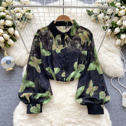 Floral Print Women Shirt Summer Lantern Sleeve Retro French Loose Blouse