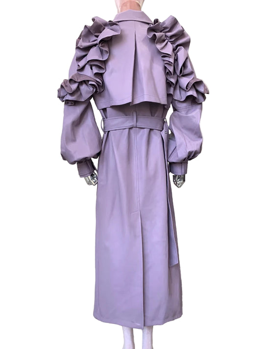 Autumn Long Ruffled Purple Pu Leather Trench Coat for Women