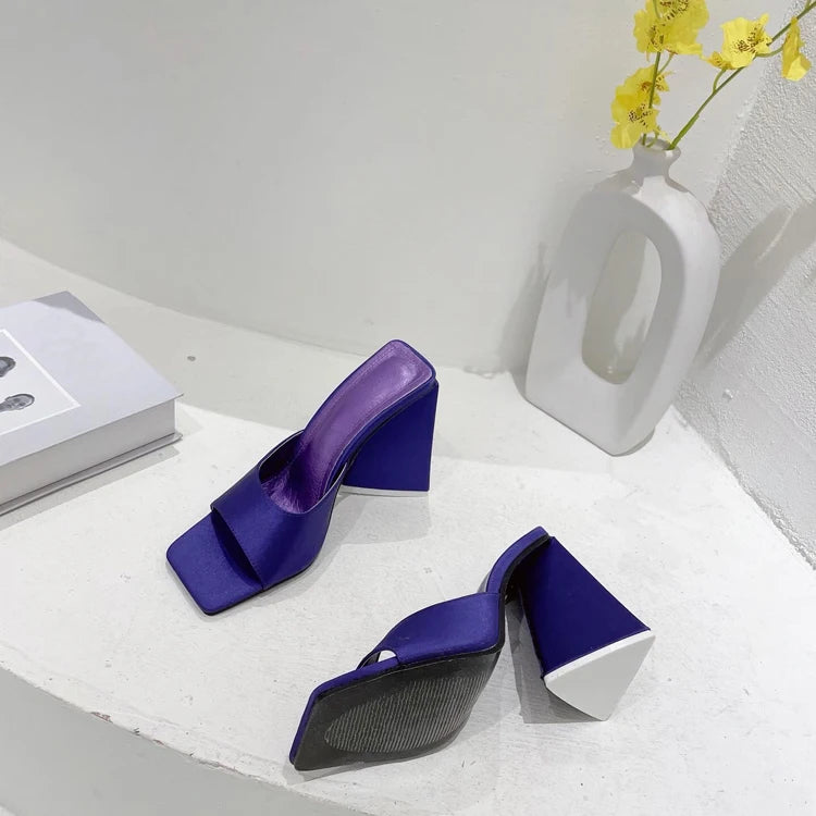 Silk Triangle Square Heels Heel Woman Slippers Sexy Street Party Square Toe Heels