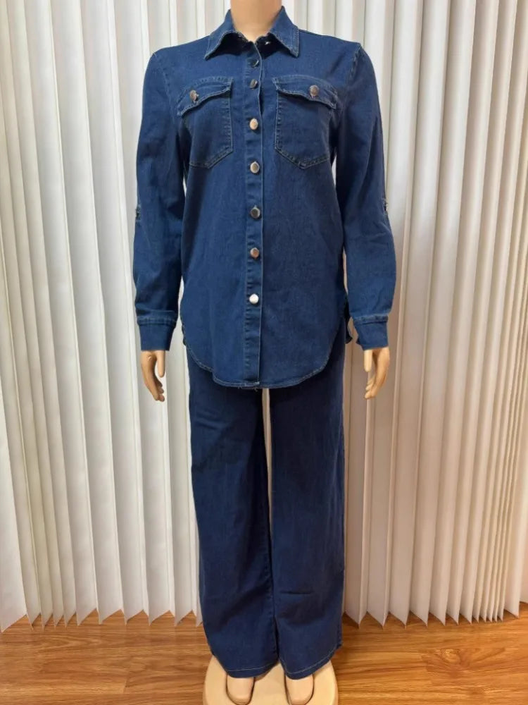 2 Pieces Set Sexy Spring Autumn Women  Denim Set Long Sleeve Denim Tops And Jeans Suit Matching Sets