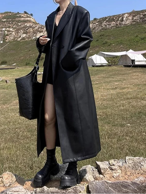 Autumn Extra Long Black Trench Coat for Women Shoulder Pads Faux Leather Blazer