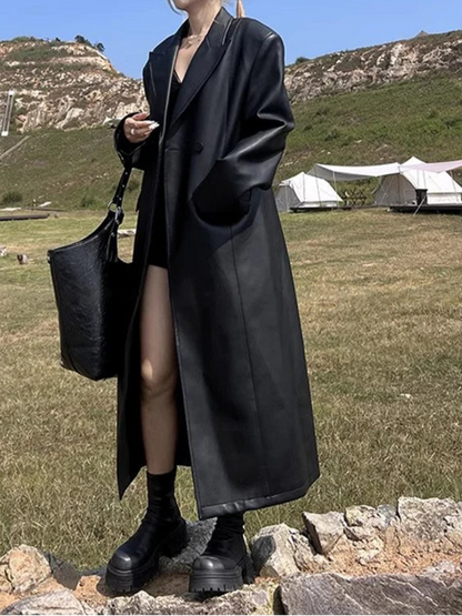 Autumn Extra Long Black Trench Coat for Women Shoulder Pads Faux Leather Blazer