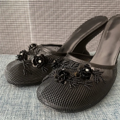 Women Summer Wedges Mesh Shoes Flower Round Toe Slip-On Hollow High Heeled sandals