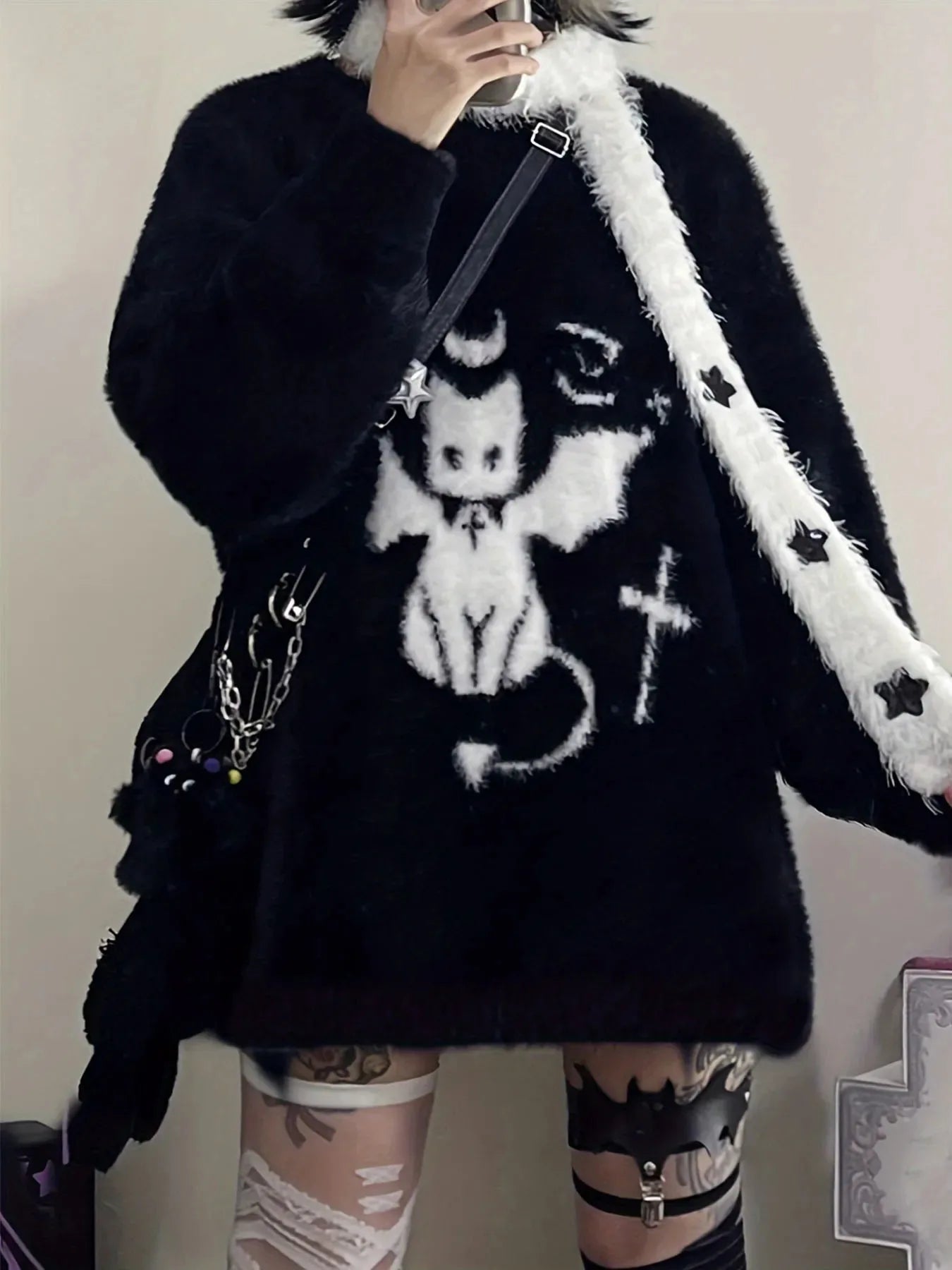 Gothic Casual Oversized Knitted Jumpers Grunge Cartoon Sweater Y2k Aesthetic Pullover