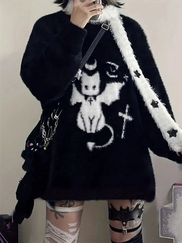 Gothic Casual Oversized Knitted Jumpers Grunge Cartoon Sweater Y2k Aesthetic Pullover