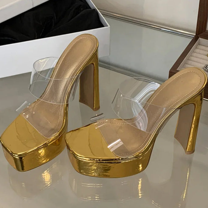 Designer PVC Transparent Platform Slippers Women Square Toe High Heels Slides Shoes