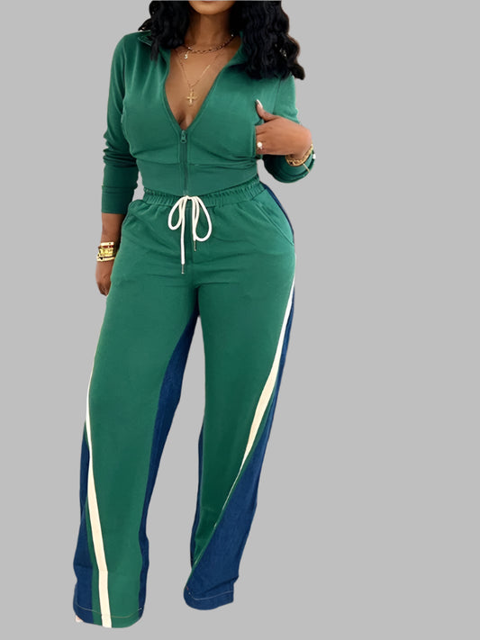 Casual 2 Piece Sets Women Outfit Color Blocks Long Sleeve Zipper Crop Top And Denim Patchwork Pants Suit Streetwear