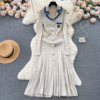 Women Polo Dress Single Breasted Pocket Design Bodycon Knitted Dress Sweater Midi Dress