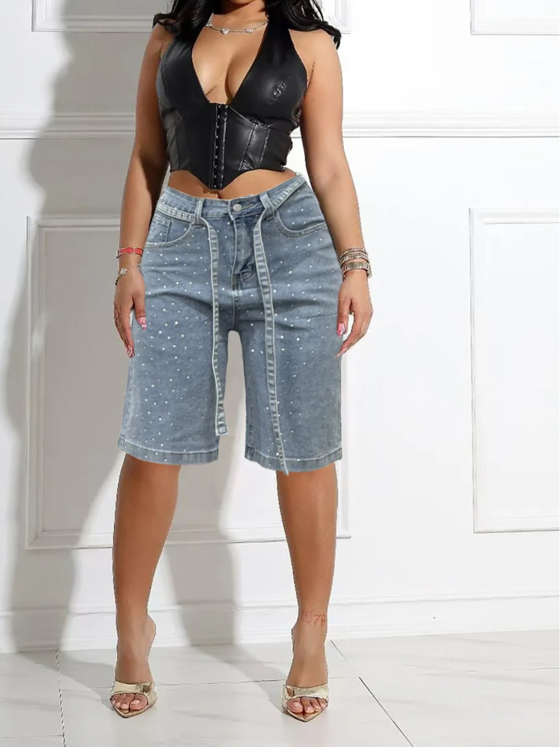 Women Denim Summer Shorts Diamonds Elasticity Denim Shorts With Belt
