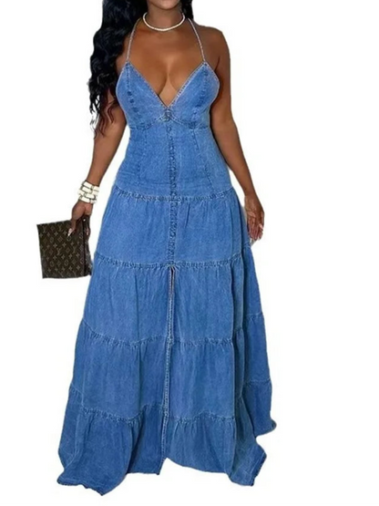 Elegant Sexy Deep V Neck Halter Denim Maxi Dress