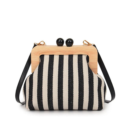 Retro Striped Wooden Clip Shell Bags for Women Messenger Bag Black and white
