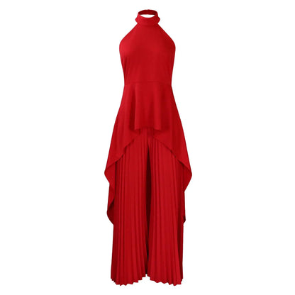 Elegant Two Piece Set Women Outfit Backless Top Hundred Pleated Wide Leg Pants Trousers Suit Summer Office Lady Suit