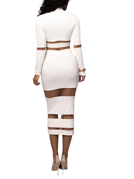 Women Mesh Patchwork Midi Dress Elegant Sexy See Through Long Sleeve  Party Dress