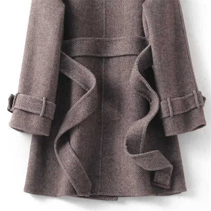 Woolen Coat New British style POLO collar Lace up Double breasted Coat