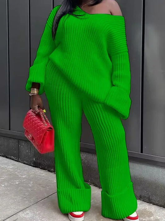 Knitted Ribbed Sweater Sets for Women 2 Piece Outfits Winter Clothes Casual Loose Matching Set