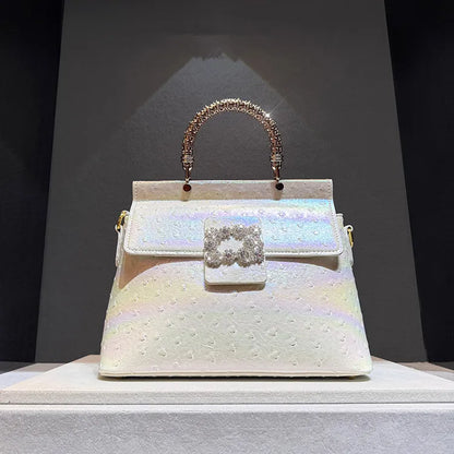 Ostrich Pattern Leather Women's Handbags Diamond-encrusted Shell Bag