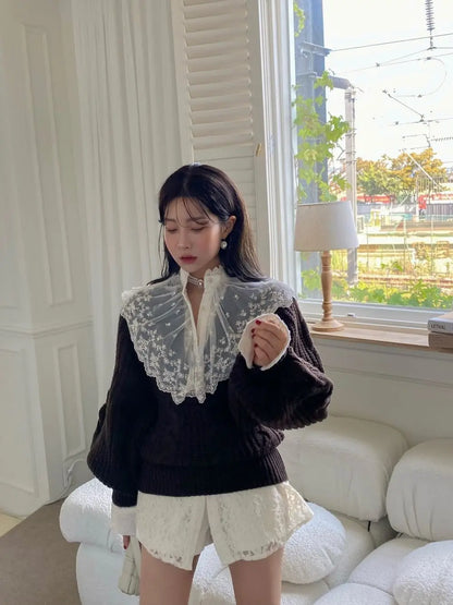 Chic Fried Dough Twists Pattern Pullover Loose Lantern Sleeve Knit Sweater