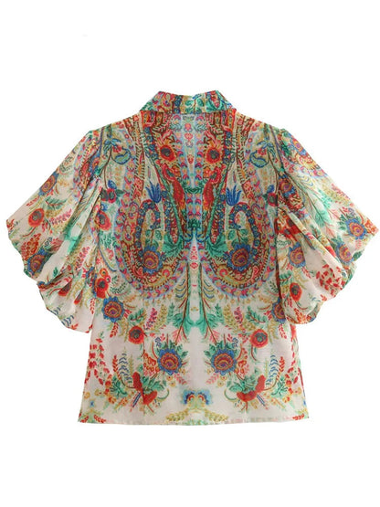 Women Vintage Totem Flower Print Pleated Puff Sleeve Blouse Breasted Shirt
