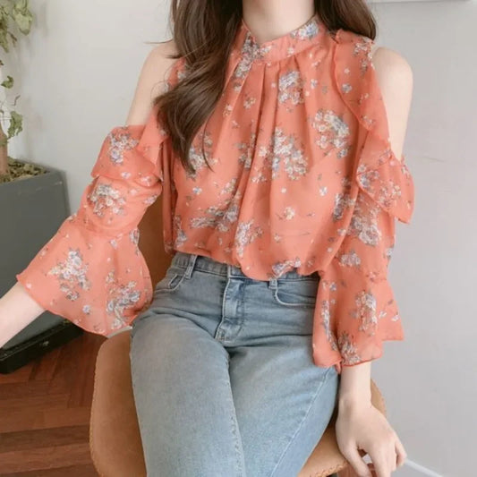 Floral Chiffon Shirts & Blouses For Women Off Shoulder Woman Top