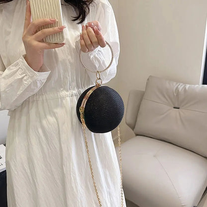 Gold Bright Silk Circular Evening Bag Women Banquet Clutch Rhinestone Chain Shoulder Bags