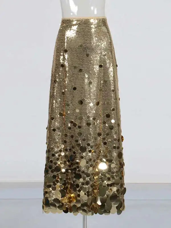 Solid Patchwork Sequins Chic Skirts For Women High Waist Zipper A Line Skirts