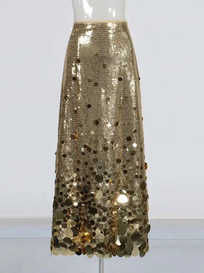 Solid Patchwork Sequins Chic Skirts For Women High Waist Zipper A Line Skirts