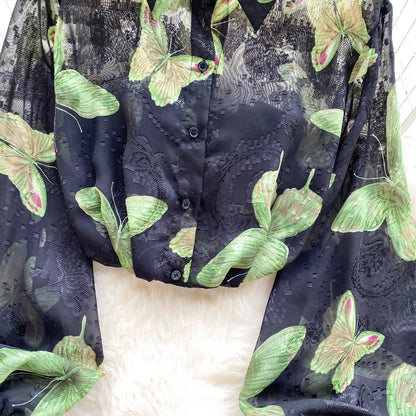 Floral Print Women Shirt Summer Lantern Sleeve Retro French Loose Blouse