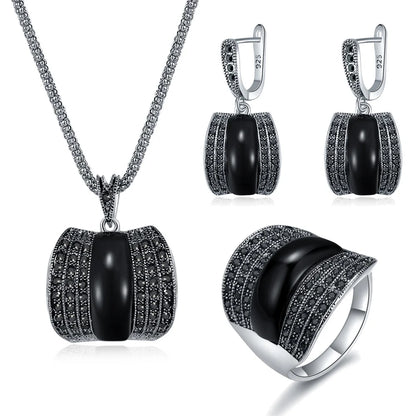 Antique Geometric Green Stone Ring Necklace And Earrings Sets for Women