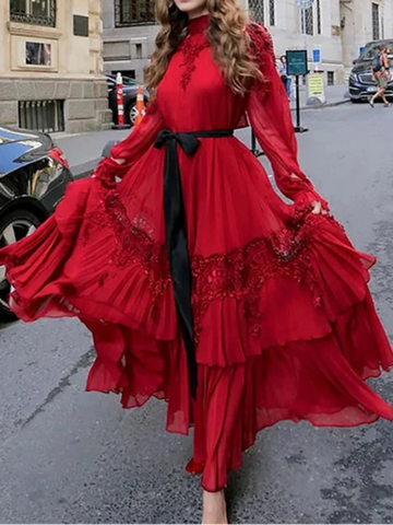 Sexy Long Sleeves Lace Patchwork Maxi Dress Women Red O Neck Folds A-line Cocktail Gown