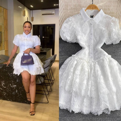 Women Vintage Lace White Dress Turn Down Collar Puff Sleeve Mini Dress