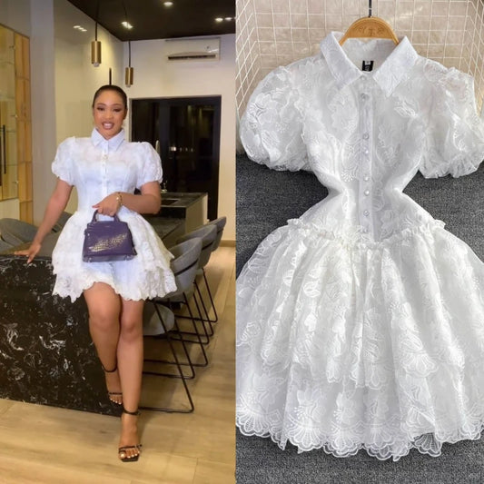 Women Vintage Lace White Dress Turn Down Collar Puff Sleeve Mini Dress