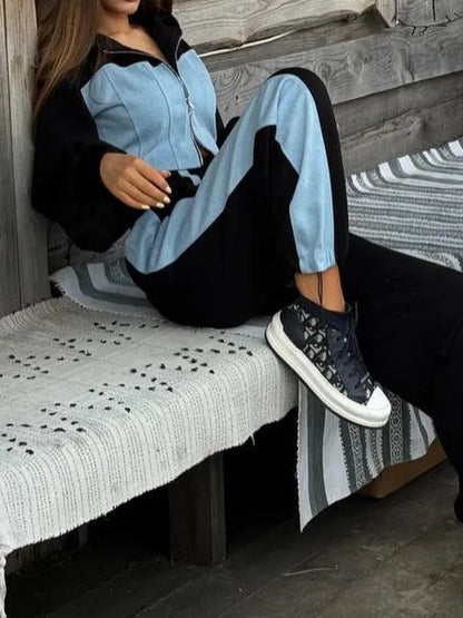 Patchwork Denim 2 Piece Sets Women Outfit Slim Hoodies Crop Top Wide Leg Sweatpants Suits