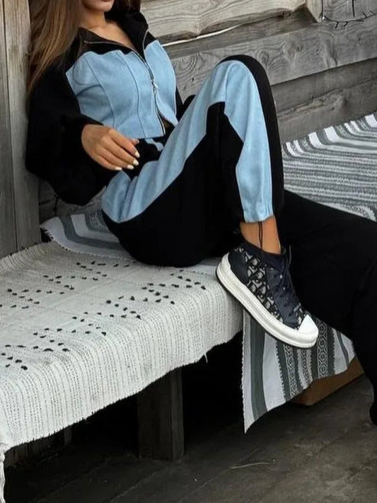 Patchwork Denim 2 Piece Sets Women Outfit Slim Hoodies Crop Top Wide Leg Sweatpants Suits