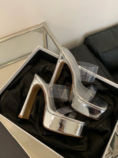 Designer PVC Transparent Platform Slippers Women Square Toe High Heels Slides Shoes