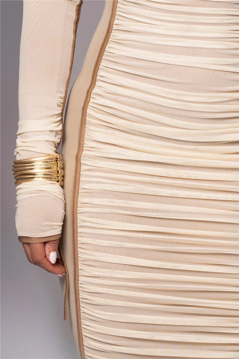 Diagonal Collar Long Sleeve Midi Bodycon Dress For Women Two Layer Mesh