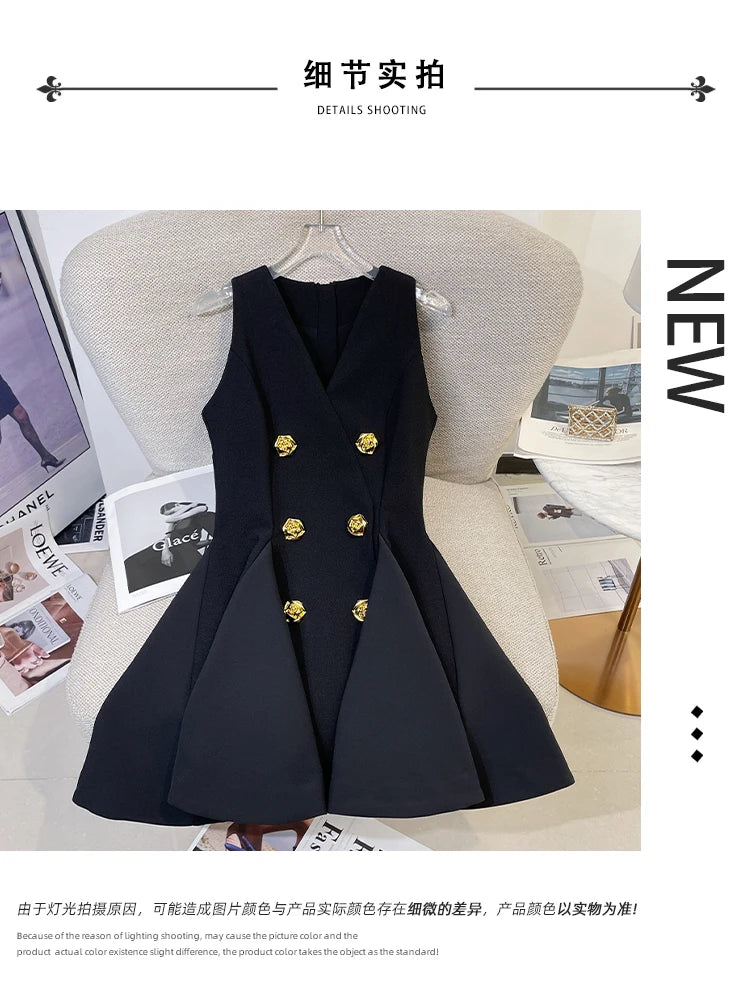 French Elegant Sleeveless A-Line Tunic Blouse Black Classic Gold Button