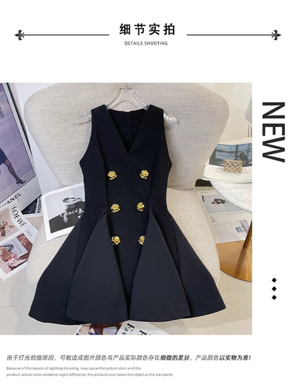 French Elegant Sleeveless A-Line Tunic Blouse Black Classic Gold Button