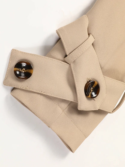 Women Khaki Pleated Elegant Trench New Lapel Long Sleeve Windbreaker Trench Coat