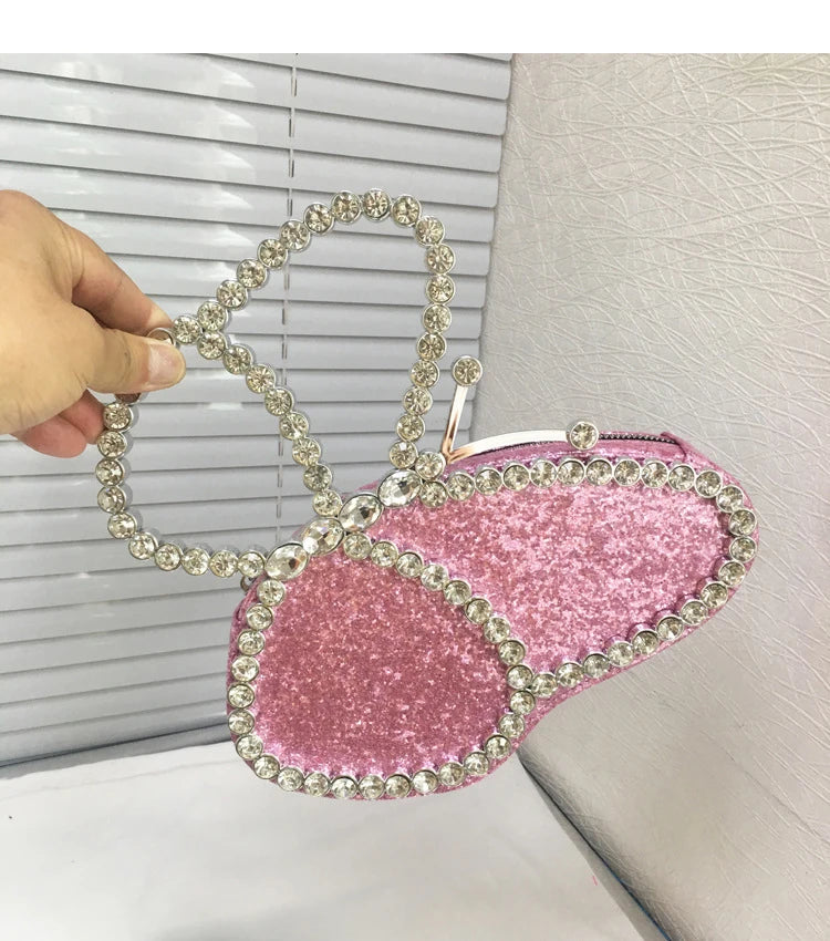 White Rhinestone Pink Butterfly Wedding Evening Clutches Party Prom Purse