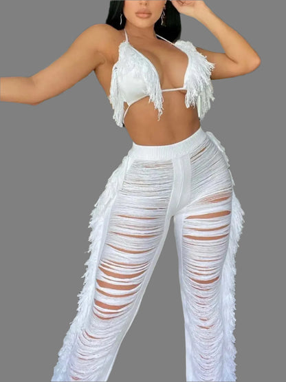 Tassel Knitted Pants Two Piece Set Resort Outfit Vacation Outfit Beach Cover Up