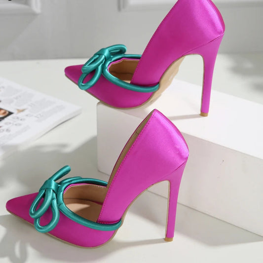 Women Silk Butterfly Knot Sexy Pointed Pump Heels Party Wedding Shoes