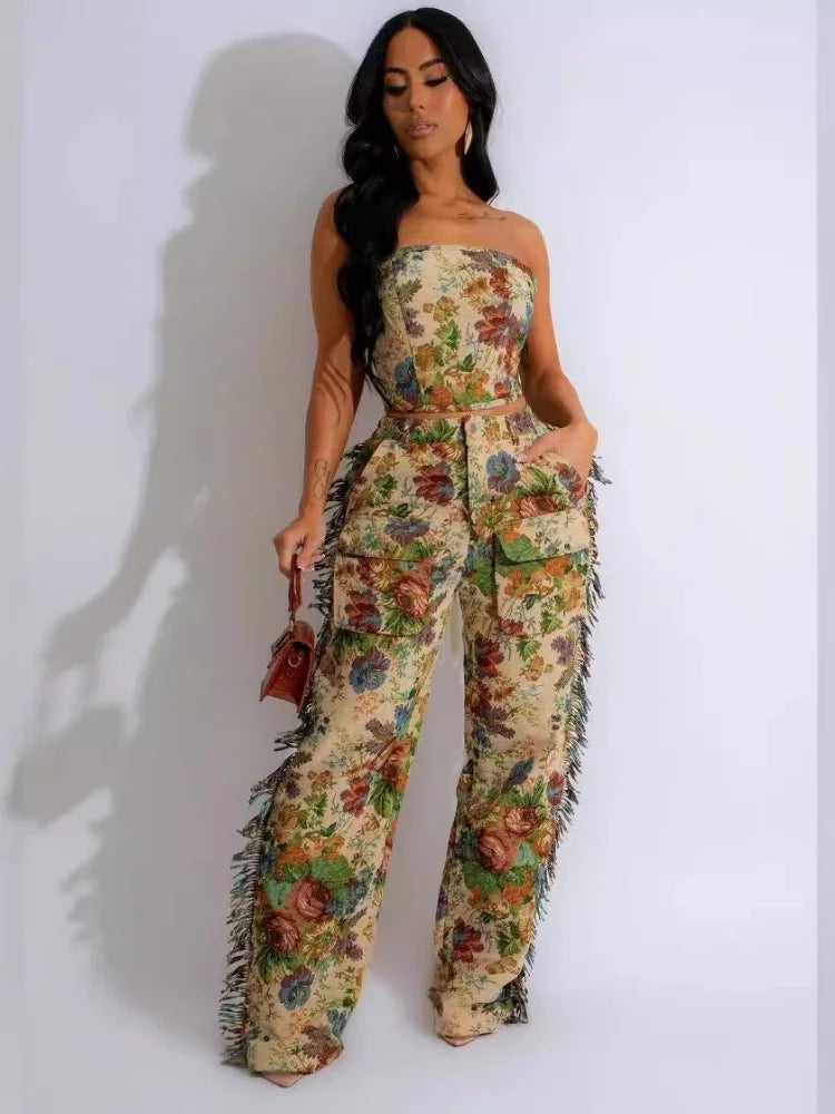 Women's Set Strapless Top and Wide Leg tassel Pants Cargo Street Two 2 Piece Set
