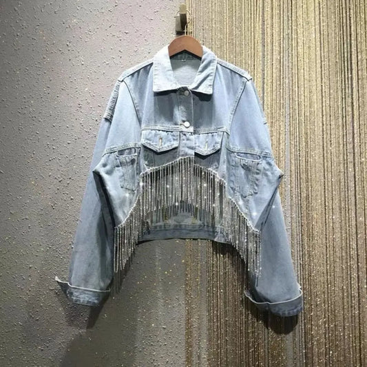 Heavy Industry Rhinestone Tassel Denim Jacket Women Outwear Jacket