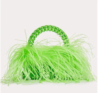 Pearl Bead Bag With Feather Fur Designer Brand Clear Acrylic Crystal Handbag Handmade