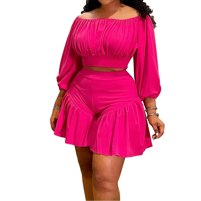 Plus Size Women's Set Long Sleeve Slash Neck T-Shirt and Shorts Summer Two 2 Piece Set