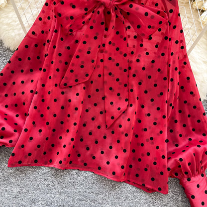 Vintage Polka Dot Tops Puff Sleeve Bow Lace Up Design Blouse
