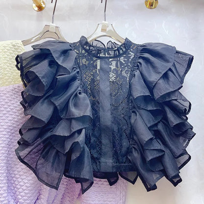 Women Blouse Shirts Stand Collar Y2k Tops Ruffles Lace Sexy Blouses